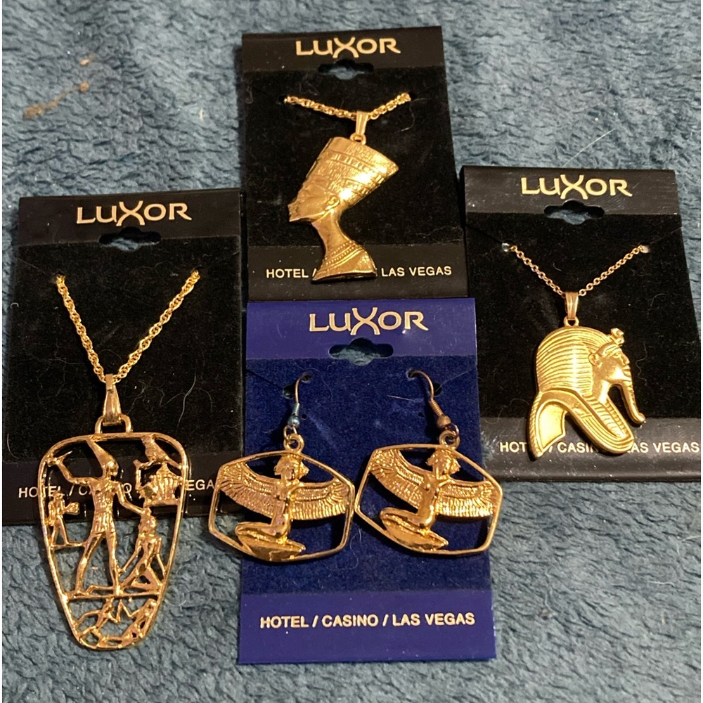 4 Luxor Egyptian Necklaces 1 Luxor Isis Earrings Hotel/Casino Las Vegas Goldtone